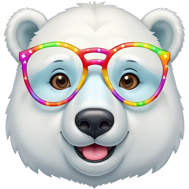 head and shoulders of a friendly anthropomorphised polar bear smiling, wearing large multicolored star-shaped glasses emoji