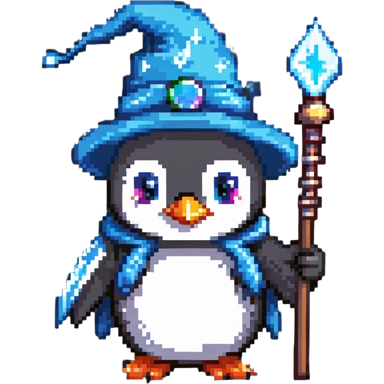 penguin wizard with a pointy hat and magic staff emoji