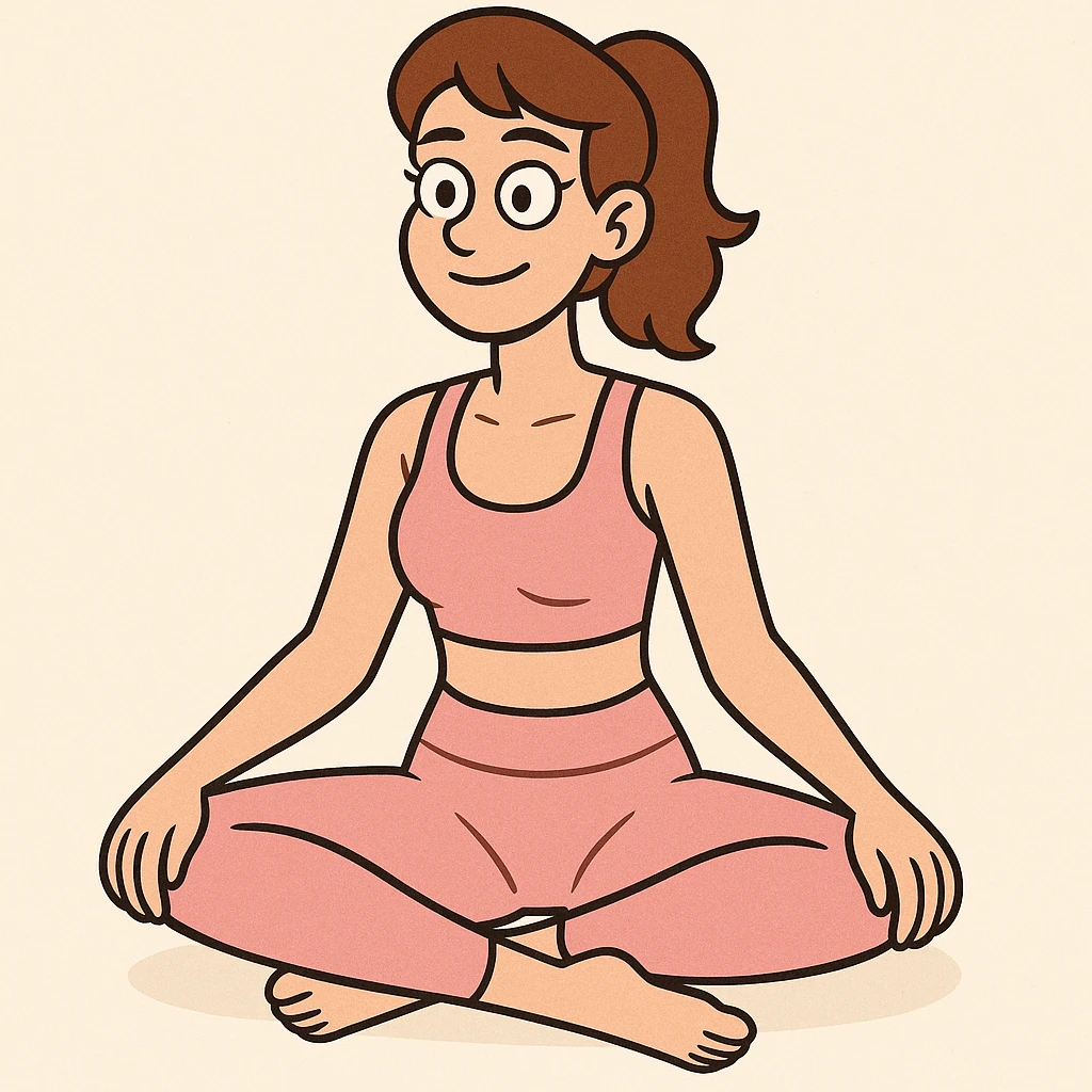 woman sitting cross legged in a pink workout set, minimal flat style, soft colors emoji
