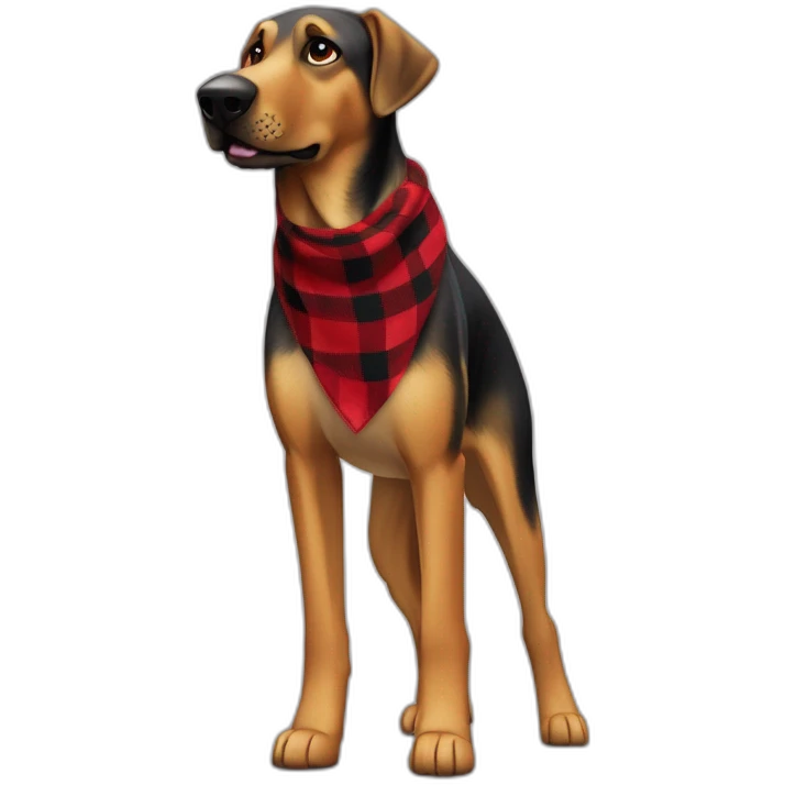 adult 75% Coonhound 25% German Shepherd mix dog with visible tail wearing small pointed red buffalo plaid bandana full body walking left quickly emoji