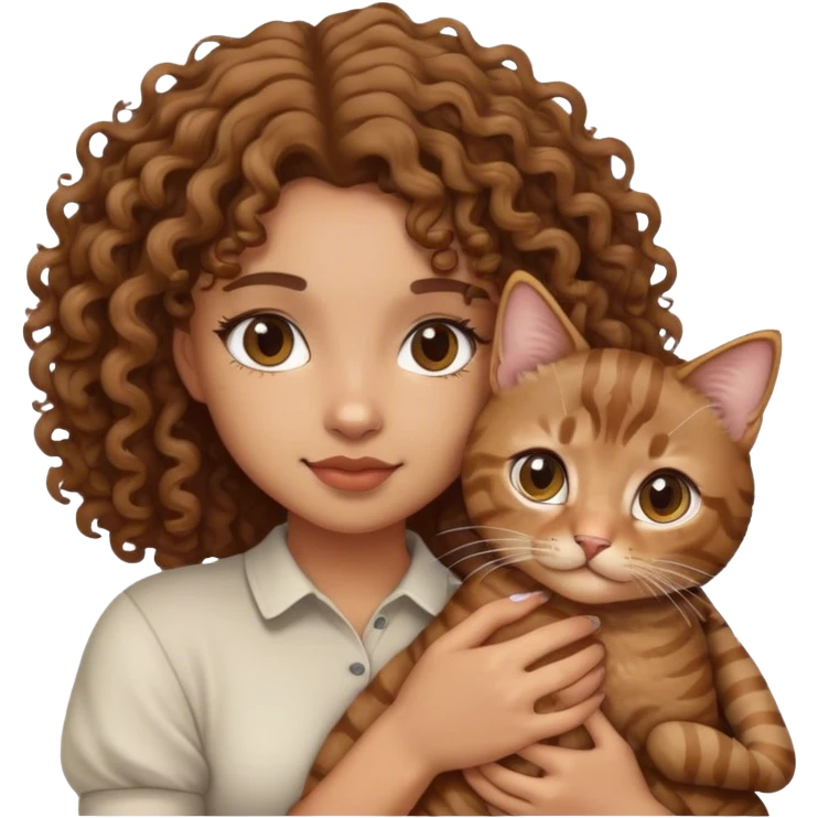 Light skin girl with curly hair holding a brown tabby cat  emoji