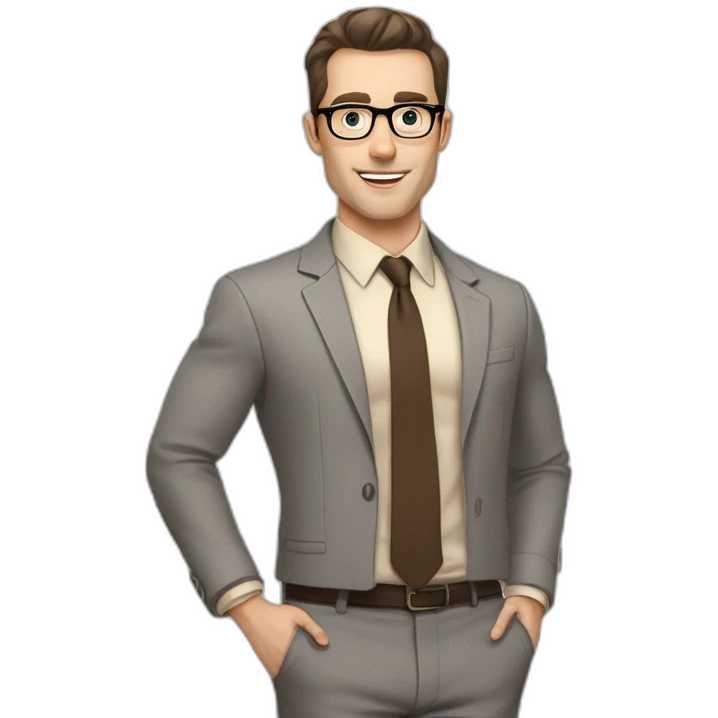 Pale skinned fit man with dark brown hair in gray jacket, beige office shirt, brown tie, brown pants and vintage glasses Writing text on a marker board emoji