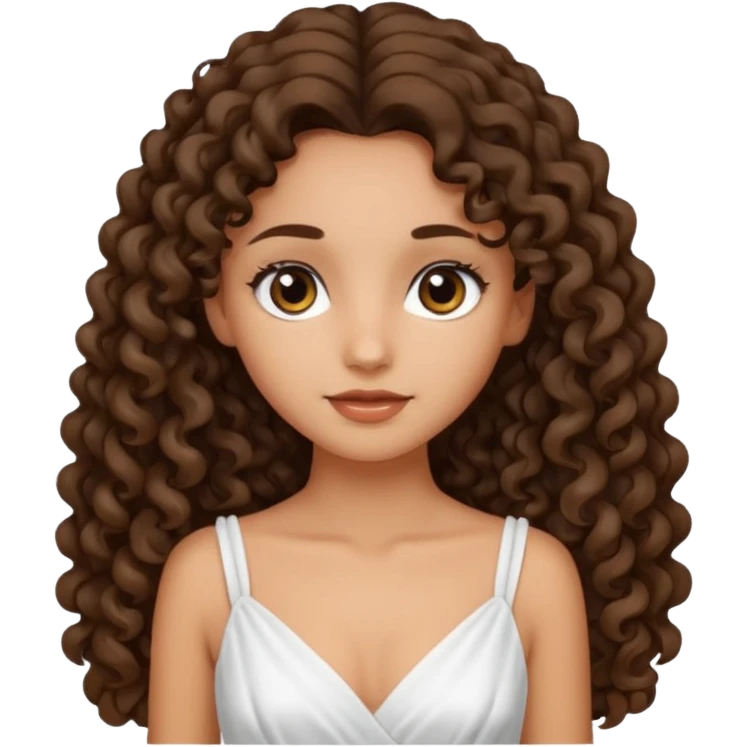 Light tanned skin girl with dark brown very long curly hair, dark eyes, white dress  emoji
