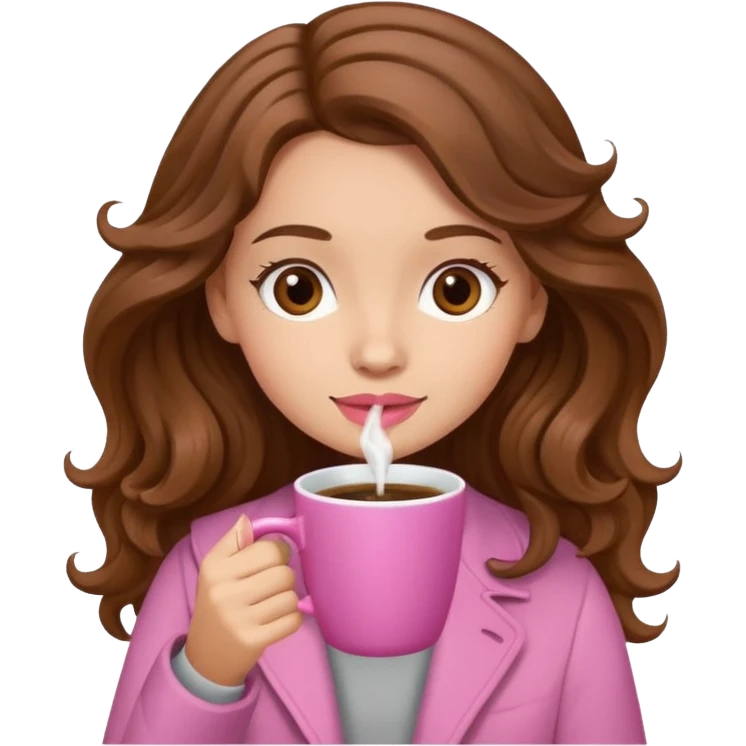 light-skinned girl with wavy brown hair drinking coffee from a pink cup emoji emoji