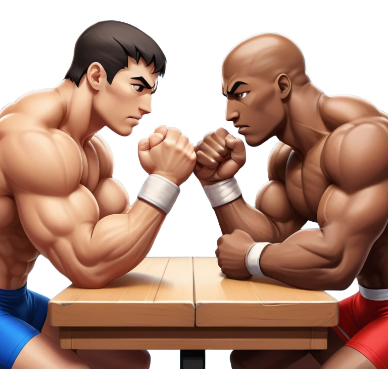 Two athletes engaged in an intense arm wrestling match, their muscles straining as they battle for dominance. The scene captures the powerful clash of strength, with close-ups on the hands locked in a firm grip, sweat glistening under bright lights. The background features a wrestling table. emoji