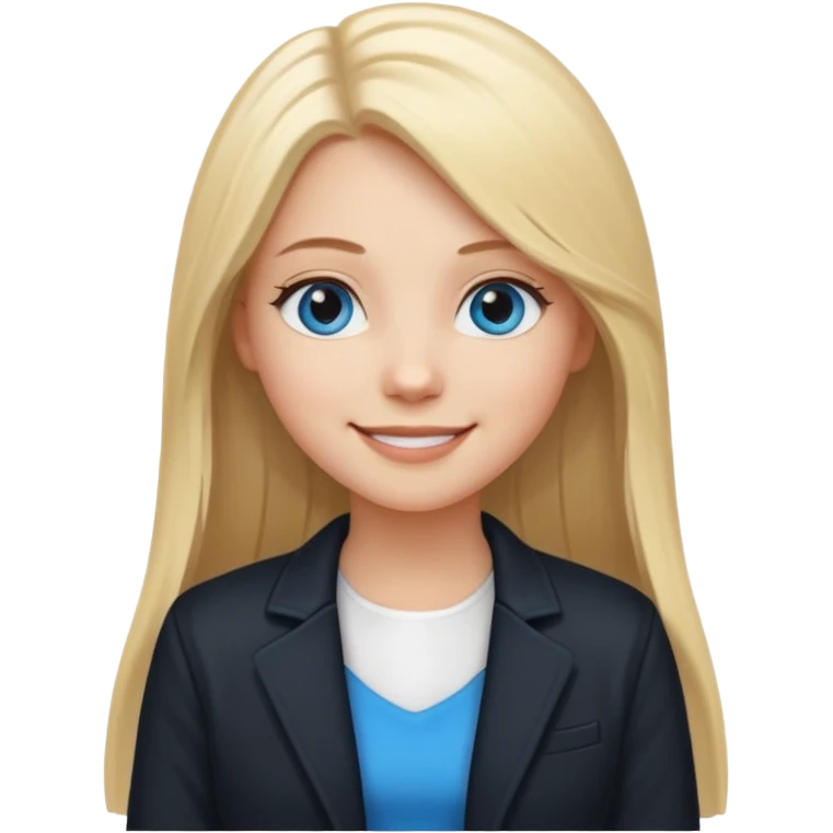 A white girl with long straight blonde hair, blue eyes and a white dress with a smiling black jacket emoji