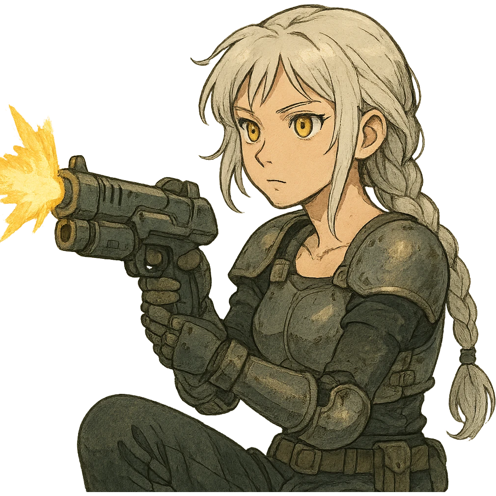  she iswearing armor, doing live-fire exercises at a safe and sanctioned training firing range with a maximum power blaster, a closeup portrait of young woman with gold yellow eyes, white hair, long braid, black off-shoulder top d-cup, punk gothic style, futuristic cyberwave cyberpunk, sitting position
 emoji