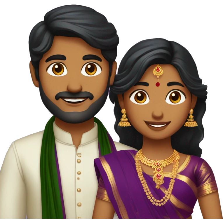 south indian girl with hair wearing dark green saree marrying south indian guy with straight hair and wearing dhoti in purple emoji
