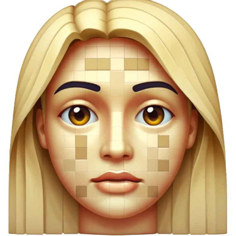 3D render of Pixelated Face, digital glitch art aesthetic, data corruption visual, human face blurred with skin-tone mosaics, pixelated distortion, emoji style, isolated on white background --v 6.0. emoji