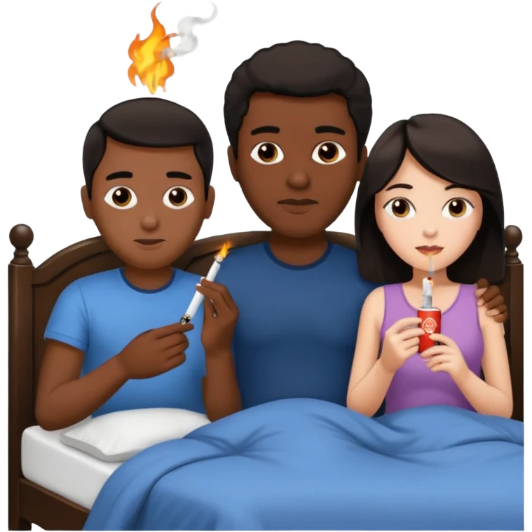 Black guy, white Girl with dark hair, and white guy with dark hair in a bed and girl in the middle with a cigarette  emoji