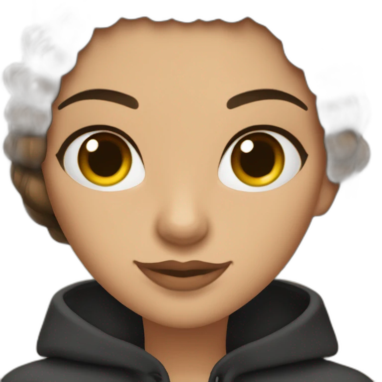 mujer con cabello castaño por los hombros con flequillo lacio, con anteojos cat eye negros, pelo castaño, ojos marrones Tiene una computadora. emoji
