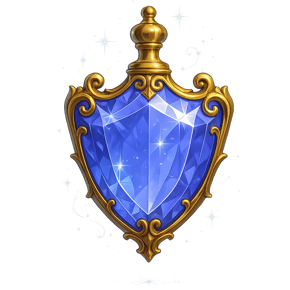 luxurious crystal elixir bottle in shield shape, color #7986cb, lots of shining, edges, ornaments, golden details, magical effects, very small golden neck, transparent background, beautiful seamless base, bottle clearly floating in air, no base or shadow, premium class impression, modern and exclusive design, matching a collection of crystal, luxurious, magical bottles emoji