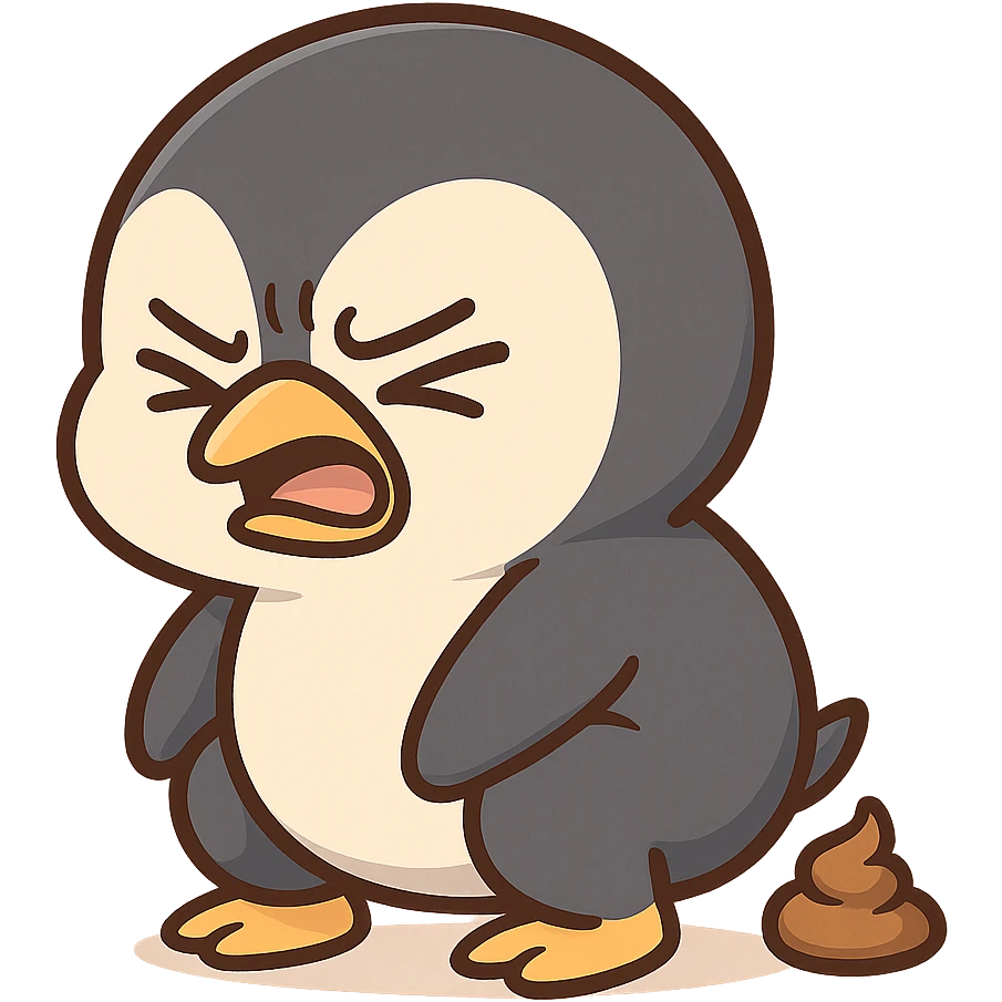 a comical and expressive penguin squatting and pooping emoji