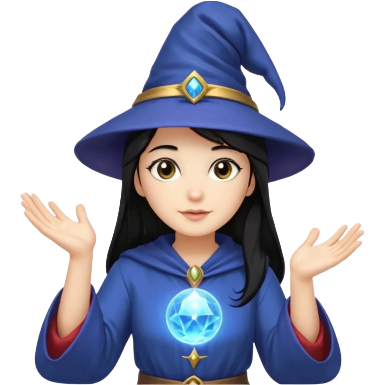 female wizard with black hair under a wizards hat with both hands palm up emoji