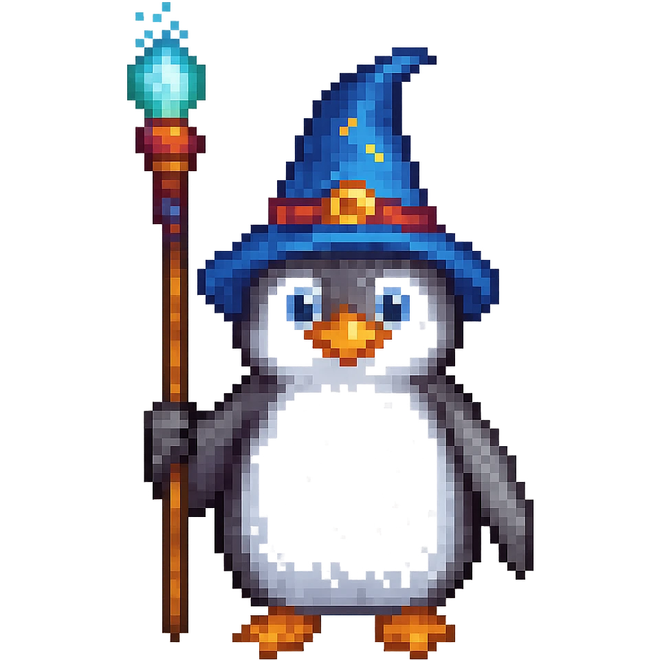A penguin wizard holding a magic staff in pixel art style, no background emoji