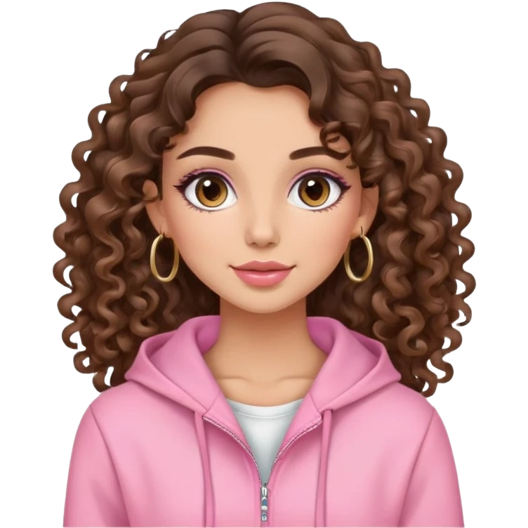 cute balayage brunette long hair curly/wavy haired girl, hoop earrings, clean girl makeup DOING SHOPPING WITH PINK CLOTHES ON emoji