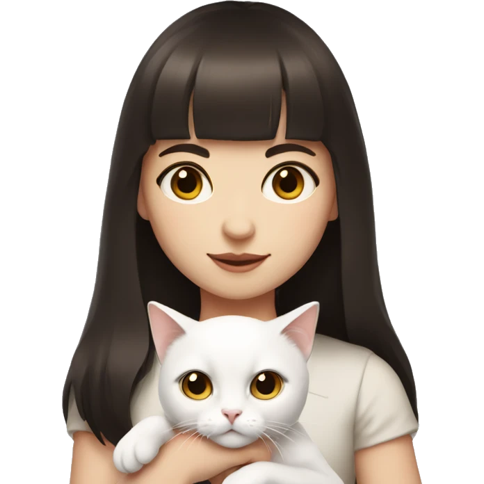 A pale girl with dark brown hair and dark brown eyes and bangs holds a white cat in her hands emoji