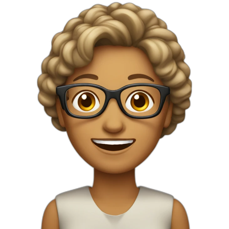 Mujer 50 años sonriente, con pelo castaño ondulado y lentes emoji