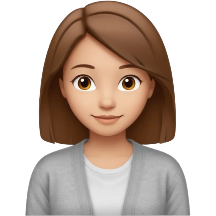 The girl has straight medium-length brown hair, light skin, wearing a white t-shirt and gray cardigan. Gentle smile, friendly neutral expression emoji
