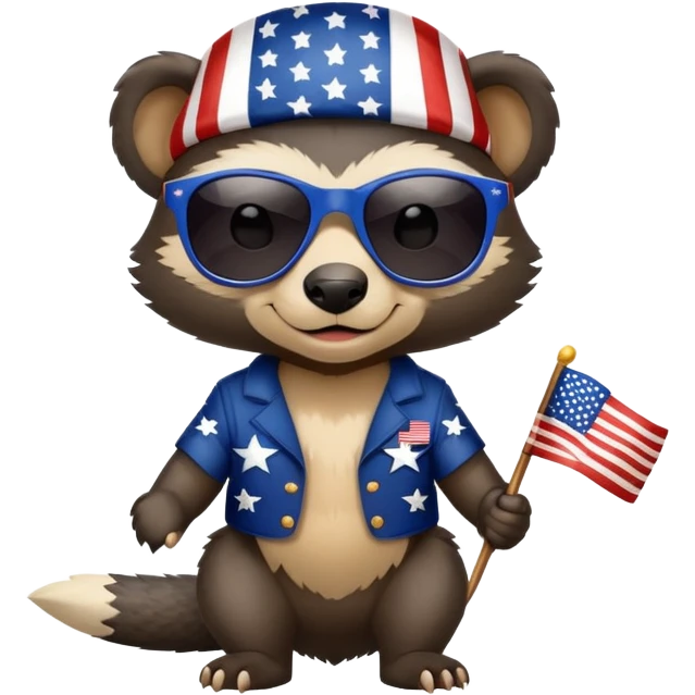 friendly anthropomorphised honey badger in patriotic USA Independence Day outfit with stars and stripes, wearing sunglasses emoji
