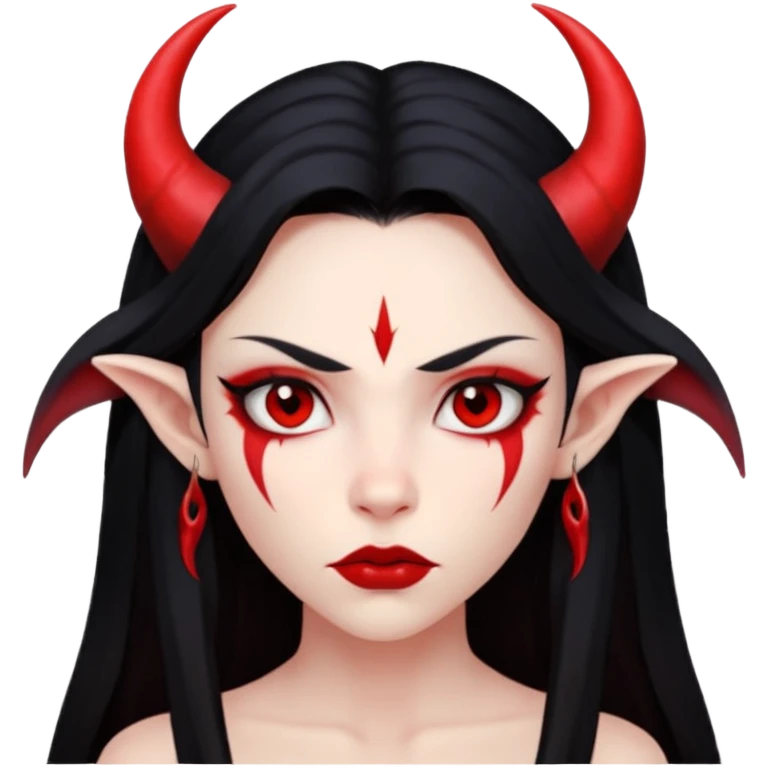 Head only: demon girl, 100% red skin, long black hair, small horns, sharp cheekbones, serious eyes, full lips, pointed ear; centered, no body, no text. emoji
