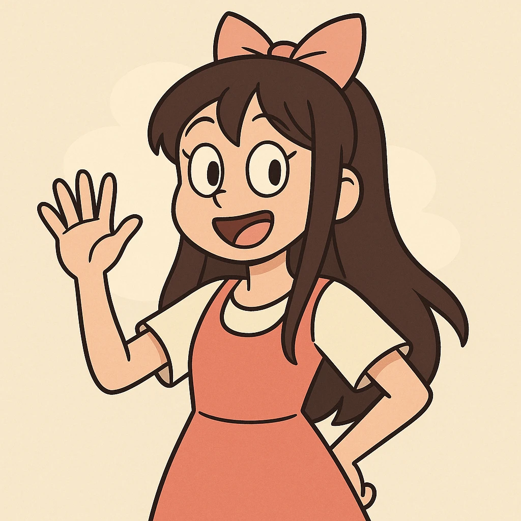anime girl, simple lines, cheerful pose, flat toon style emoji