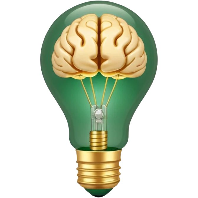 3D lightbulb icon with brain pattern inside, glowing softly, modern glossy style, deep green (#0B3D2C) base, gold (#C9B037) filament glow, cream (#F5F5DC) light, transparent background, premium render emoji