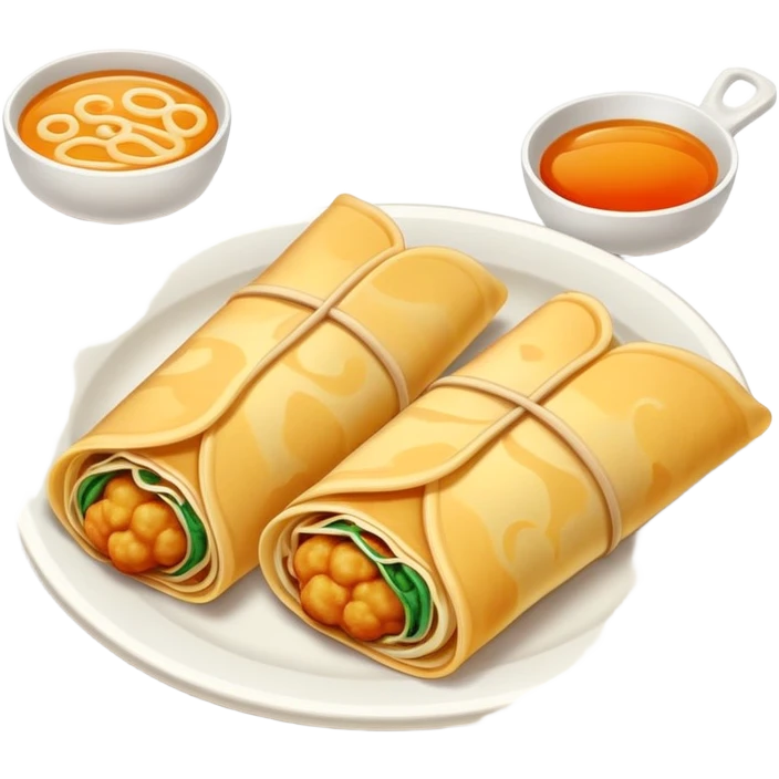 Shandong Jianbing guozi rolled pancake with crispy fritter inside, simplified emoji style with bold outlines and bright colors, cartoon style Chinese crepe emoji