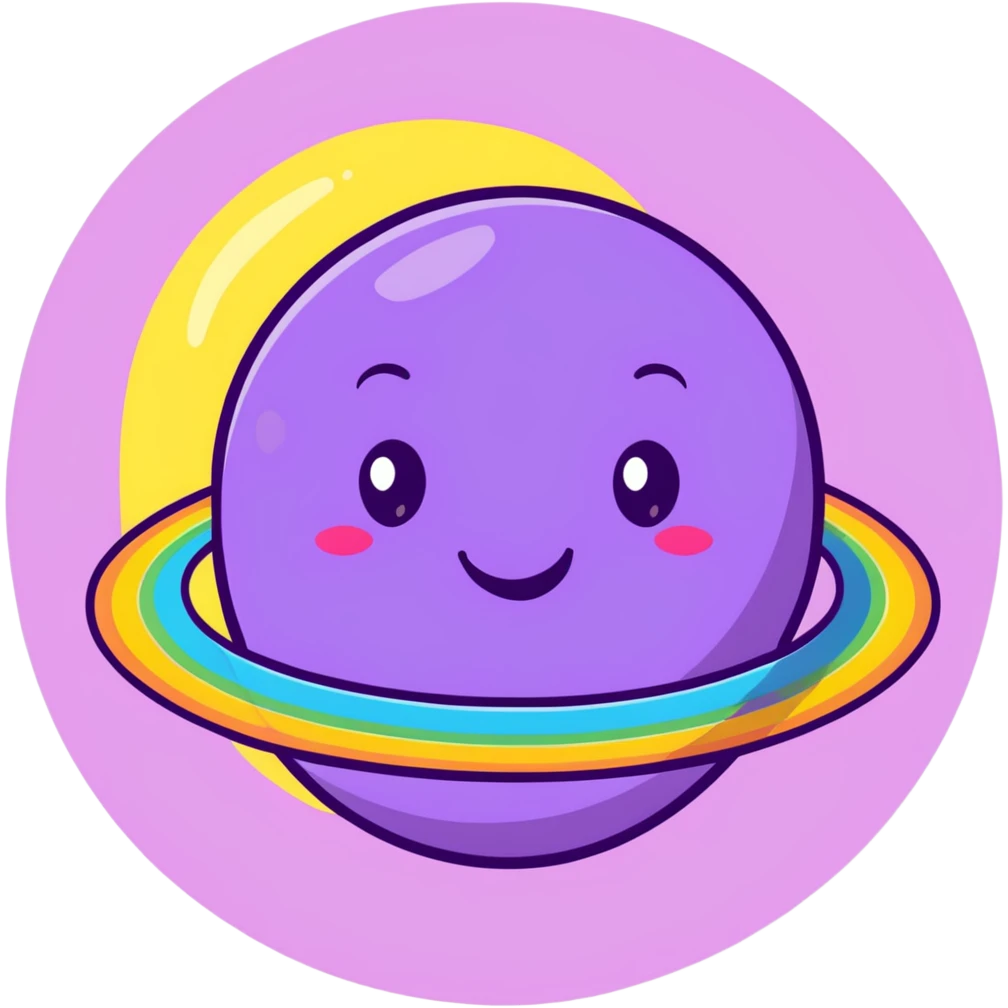 purple planet with colorful rainbow rings and a cute happy face with rosy cheeks emoji