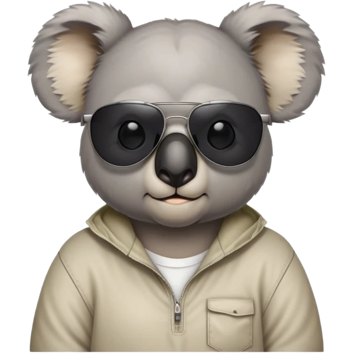 anthropomorphised koala, head and shoulders, casual clothing, dark sunglasses, different grumpy expression emoji