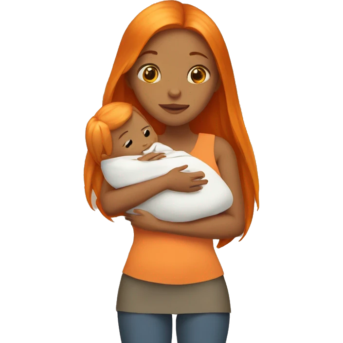 Tan girl with long orange hair holding newborn baby in arms emoji