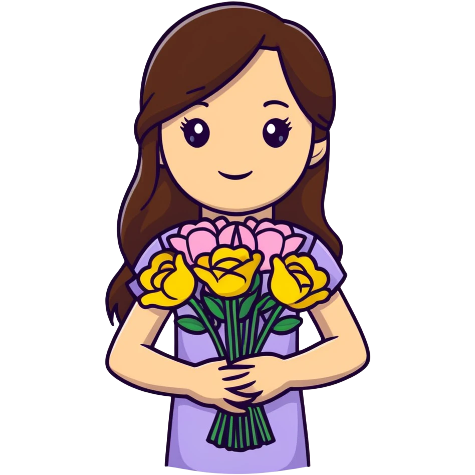 Cool girl with long brown hair and fair skin holding a bouquet of flowers emoji
