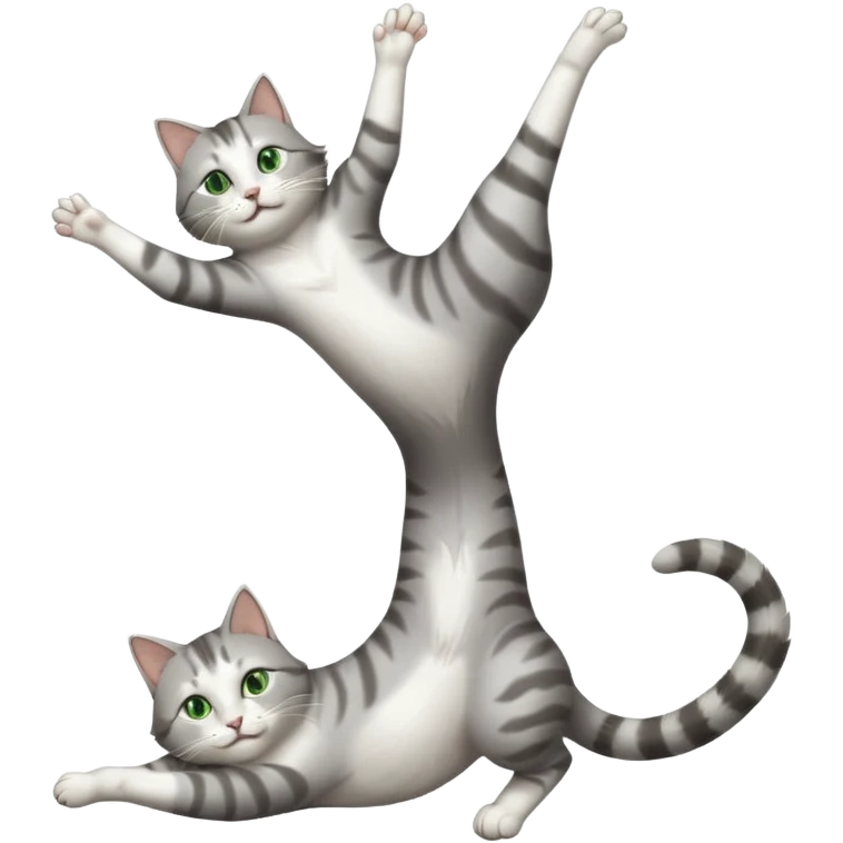 grey and white cat with green eyes doing a big extremely long stretch reaching up into the air with arms and legs side by side together straight and overextended whilst lying on its side emoji