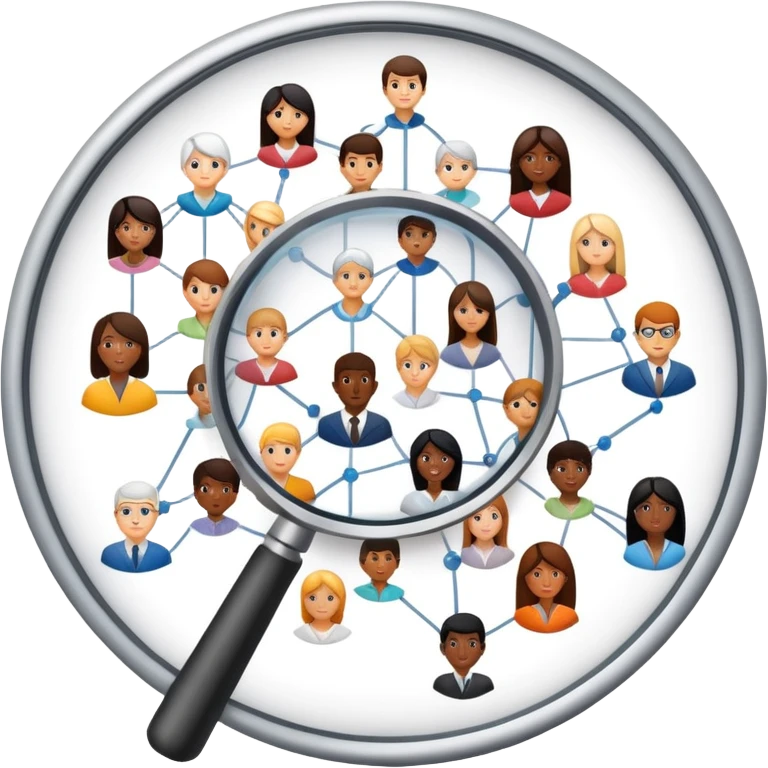 An icon featuring a network of interconnected people, a magnifying glass, and a chart, symbolizing sociology. The design includes diverse figures and social patterns, representing the study of society, behavior, and social structures. Transparent background highlights human interaction emoji