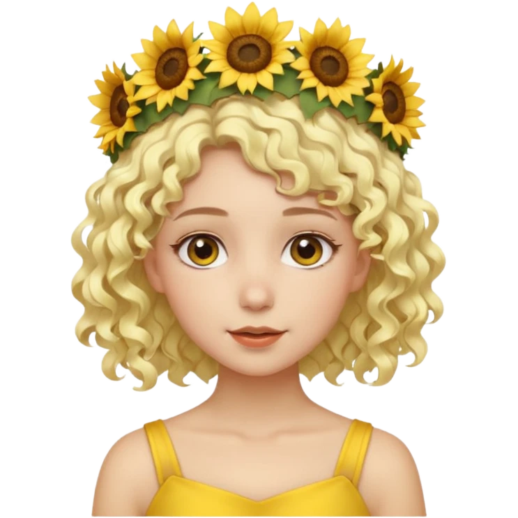 ["Fair skin female, short platinum-blonde curly hair, wearing a yellow sunflower crown."] emoji