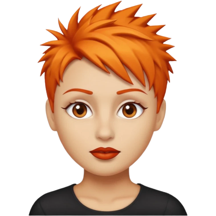 A person emoji with light skin, short spiky orange hair swept to one side, matching orange eyebrows, brown eyes, an oval-shaped face, a small nose, and dark lipstick. emoji