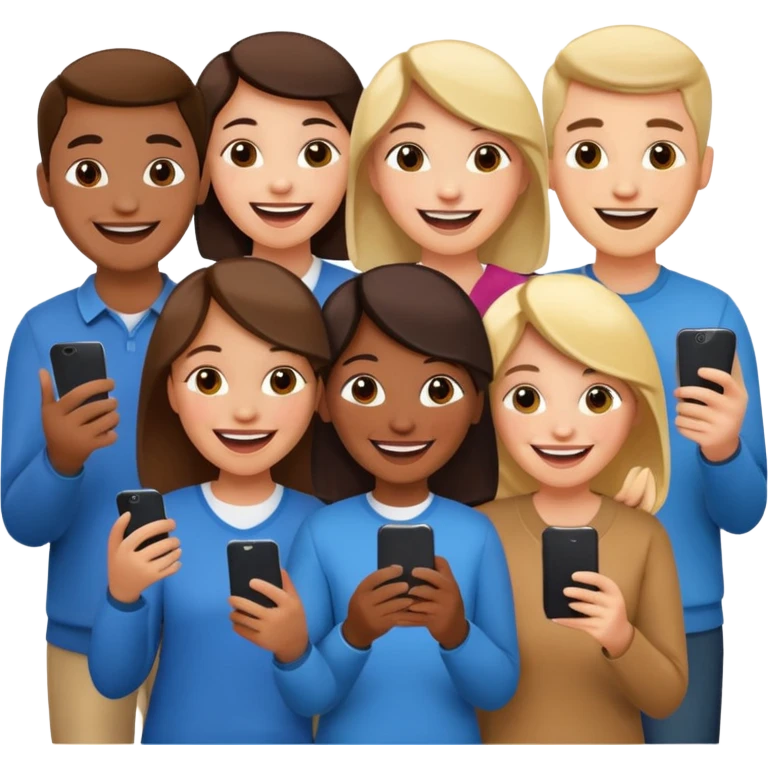 a crowd of people with happy faces and holding phone emoji