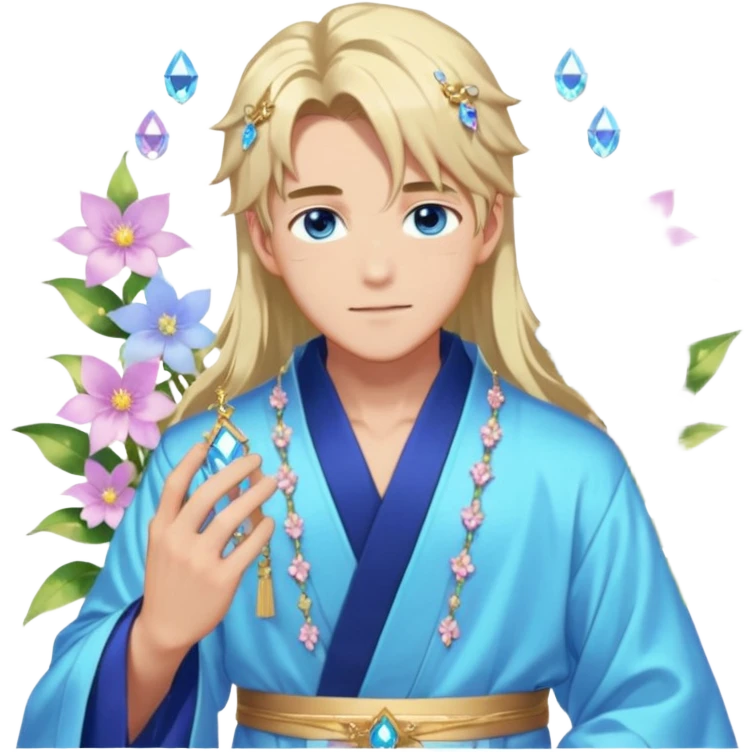 Beautiful gorgeous blushing blue-eyed youthful elegant handsome anime guy with beautiful iridescent-special-medium-long-hair, fashion aesthetic, ethereal, fairycore, pastelcore, flower petals, crystals, layered robes, accessories, jewelries, gold, colorful, shiny, trending style, outside emoji