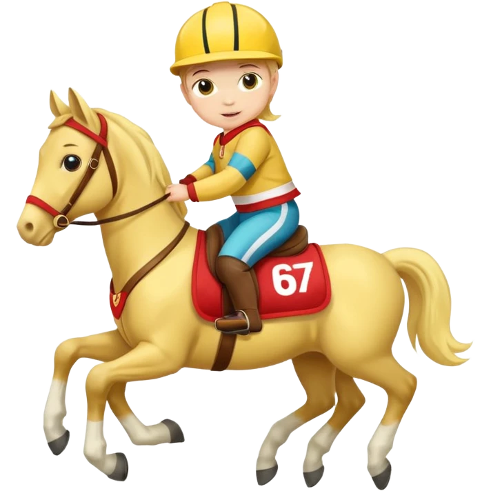 baby riding horse wearing racing cloth yellow number emoji