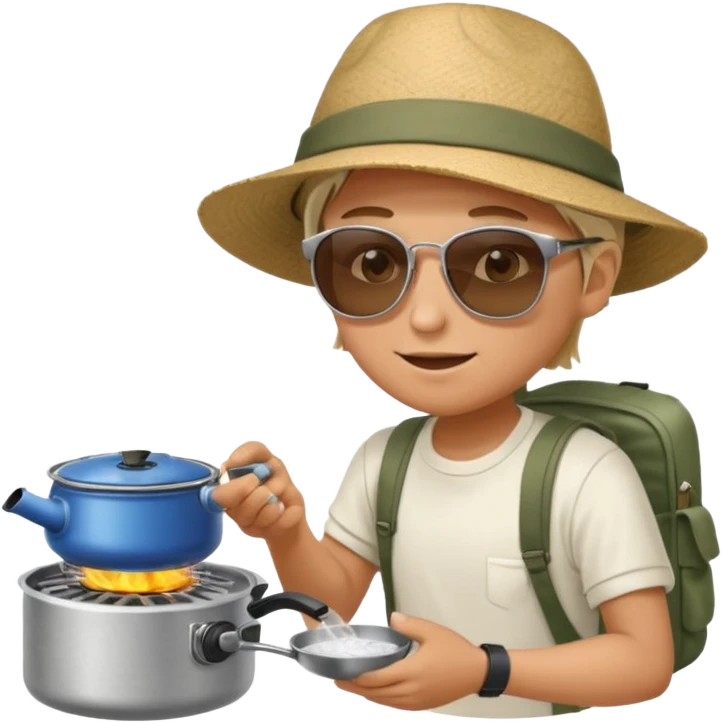 A camper boiling water on a portable stove, enjoying the outdoor breeze.
 emoji