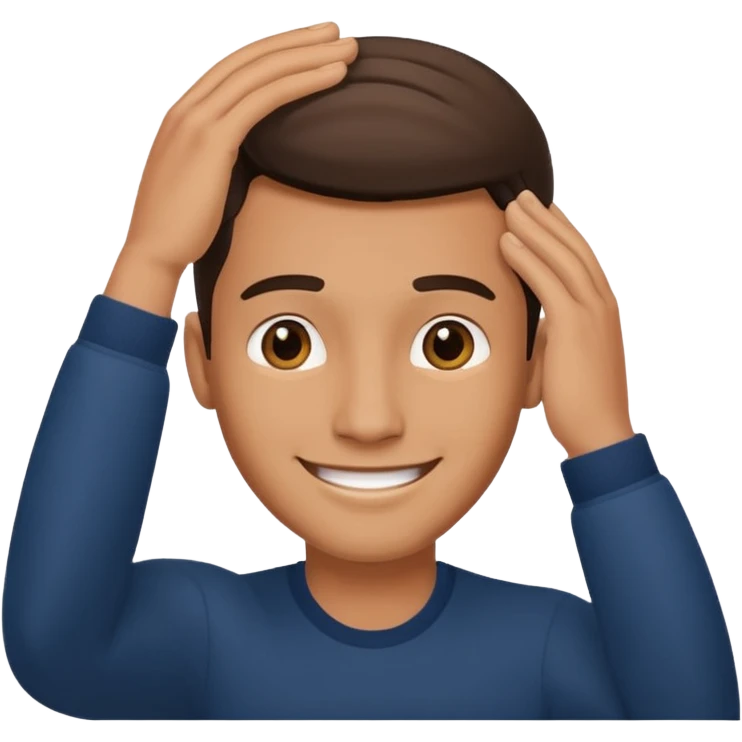 Picture of a handsome man smiling like he is very confident in himself with his hand on his head emoji