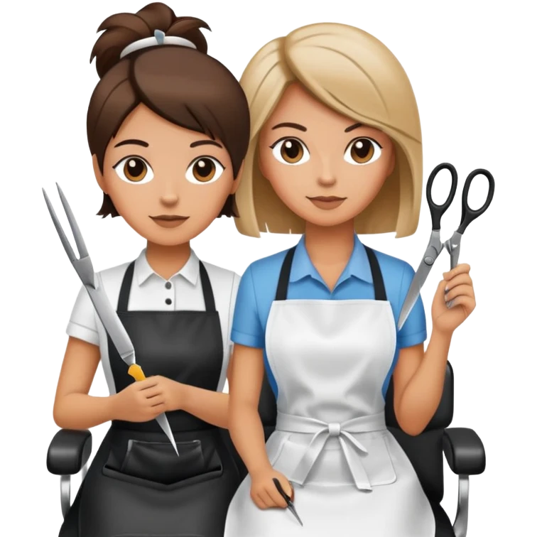 woman in apron sitting in salon chair, female hairstylist behind her with scissors emoji