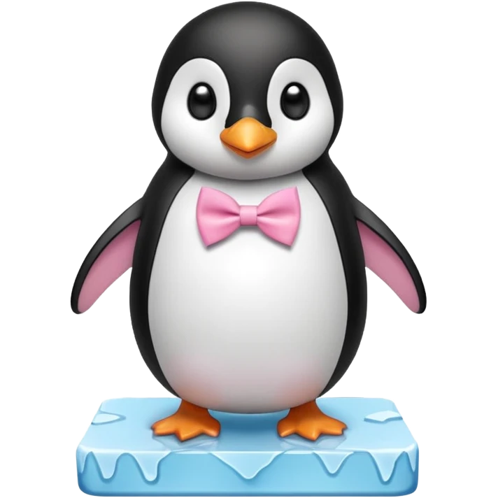 penguin, pink bow tie, standing on small ice melting block emoji