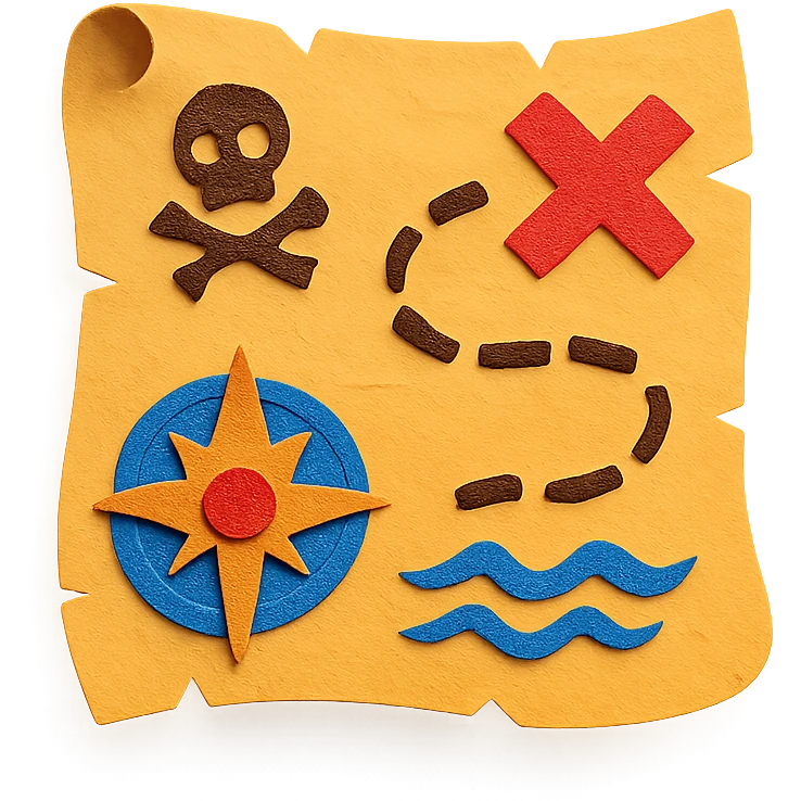 treasure map with compass rose, waves, and pirate symbols, vibrant colors emoji