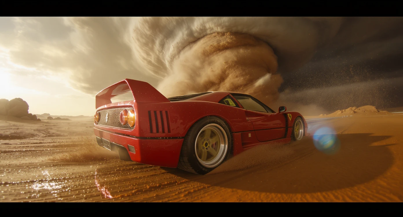 Cinematic still of a ferrari f40 around tornado od arizona desert, sun flare, captured by gopro hero with effect fisheye, water drops on car body, detailed emoji