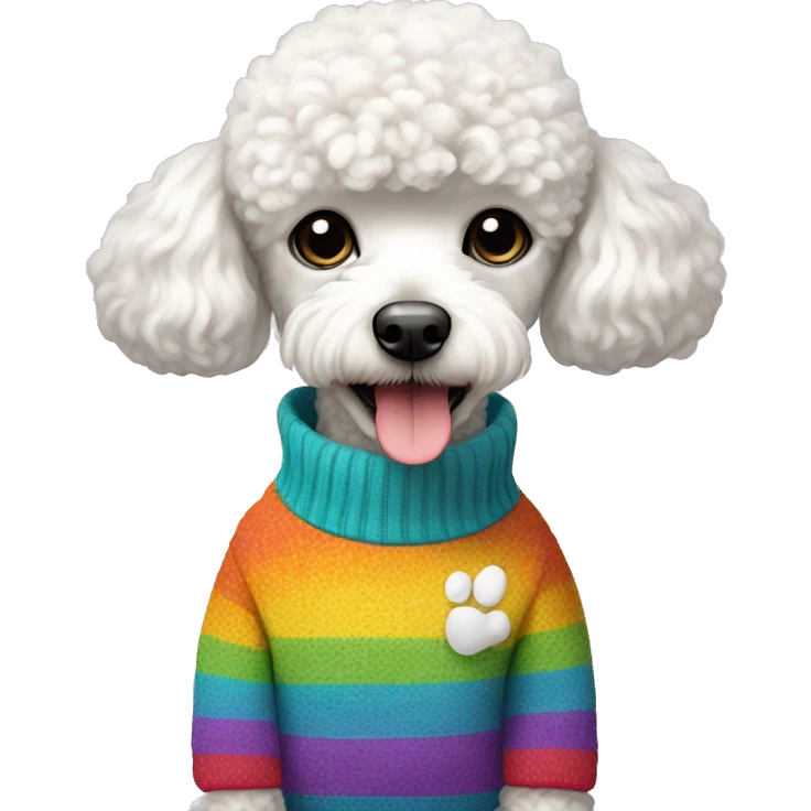 White Mini poodle in a rainbow sweater emoji