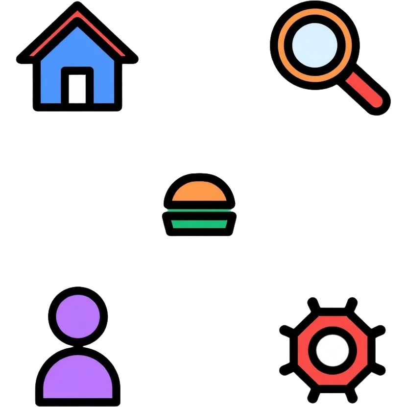 Website icon set with colorful icons: blue home icon, orange magnifying glass search icon, green hamburger menu icon, purple profile/user icon, and red gear settings icon emoji