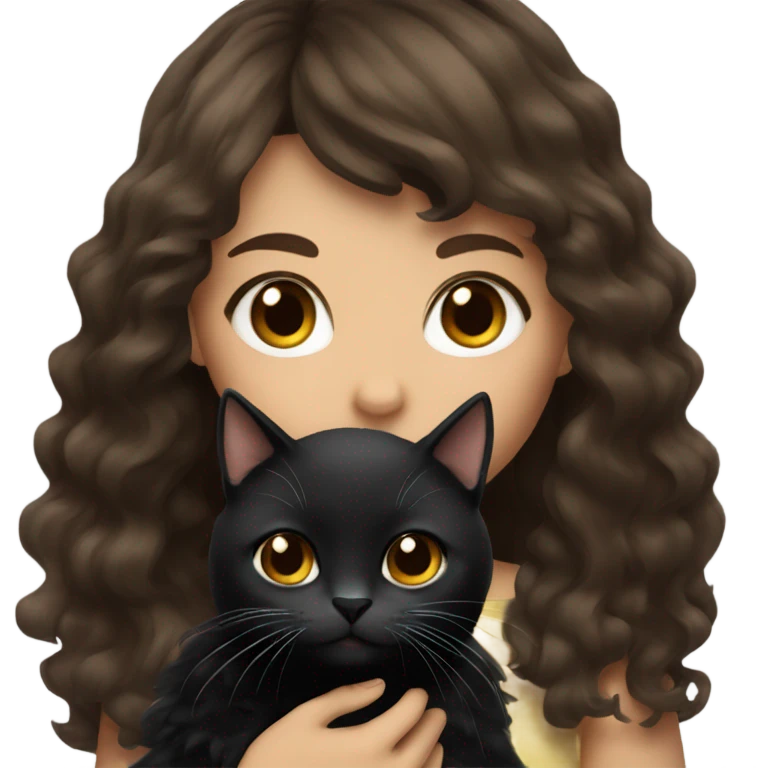 brunette female with bangs and wavy long hair with brown eyes holding chunky black cat emoji