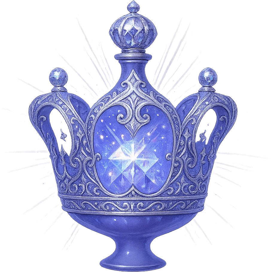 išskirtinai prabangus eliksyro buteliukas, karūnos forma, spalva #7986cb, daugiasluoksniai holografiniai ir sidabriniai ornamentai, kristalo tekstūra, daug magiškų švytėjimų ir žėrėjimo, šviesos spinduliai, labai mažas kaklelis, dailus vientisas dugnas, skaidrus fonas, buteliukas aiškiai plūduriuoja ore, be pagrindo ar šešėlio, nestovi, modernus, kolekcijai tinkamas, ypatingai gražus emoji