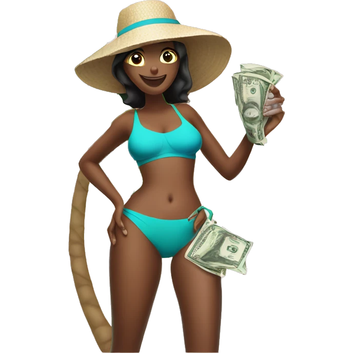 Tropical drink wearing a women’s swimsuit holding a rolled up dollar bill emoji